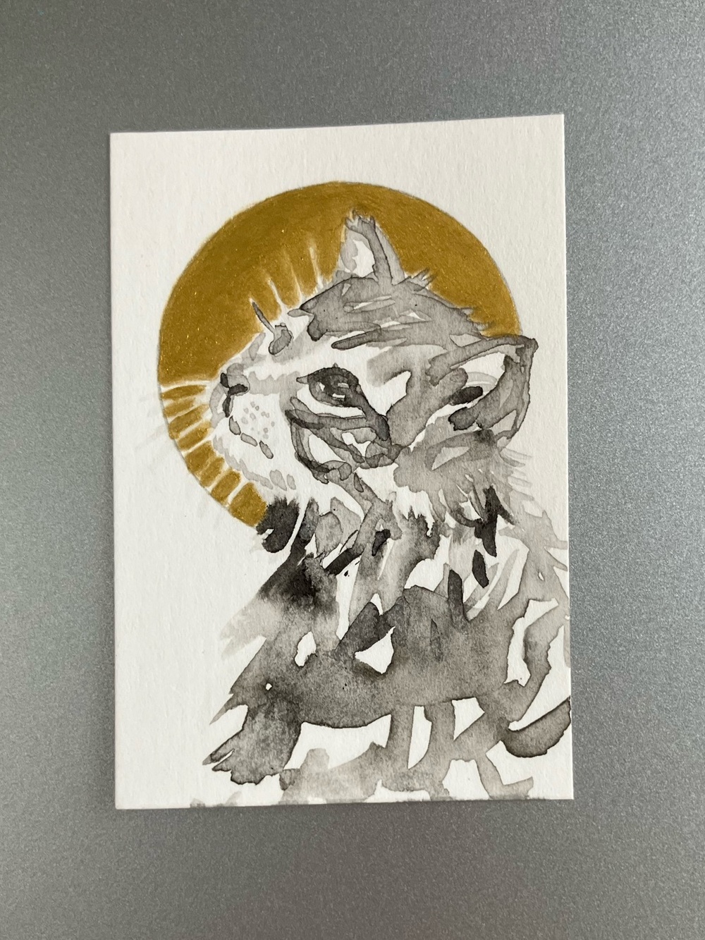 ORIGINAL kitten sunset painting cat art miniature realism artwork sumi-e USA